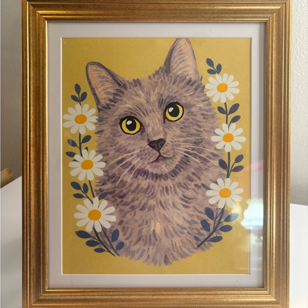 Framed Russian Blue Cat Art Print 8x10 | Floral Cat Wall Art | Gold Frame